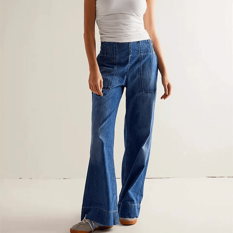 Women’s woman womens petite-, tall-, plus-, size Pull-On Pockets High rise Waist Button-fly Baggy Straight Leg Stretchy Full Length loose fit Trousers Y2K Streetwear Denim Jeans in dark blue