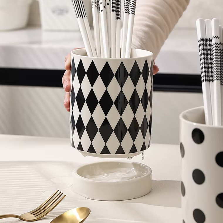Creative Geometric Pattern Ceramic Chopstick Holder Knife Fork Spoon with Rack Drain base Jar Household Storage Holders Tools in white with black accent color in checkered, polka dot, line and wave patterns