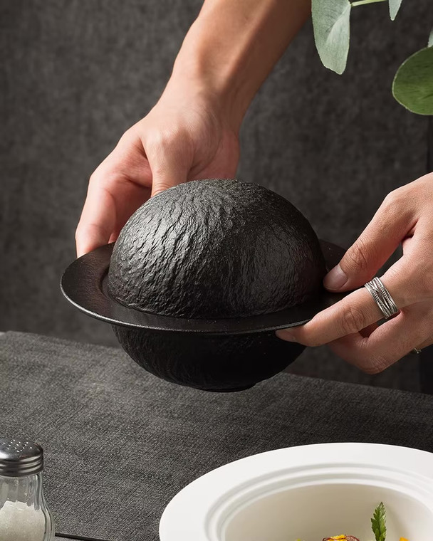 Ceramic Bowl with Lid Creative Rock Texture Thick Soup Bowl Dessert Bowl Pasta Bowls Salad Bowls Restaurant Specialty in black