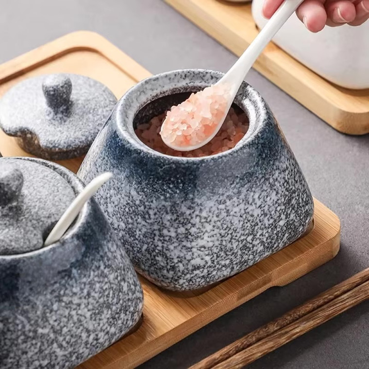 Vintage Ceramic Seasoning Jar with Lid Spoon Set Creative Salt Sugar Pepper Powder Jar Pig Oil Tank Kitchen Creative Seasoning Tools In multi merle Gray grey color