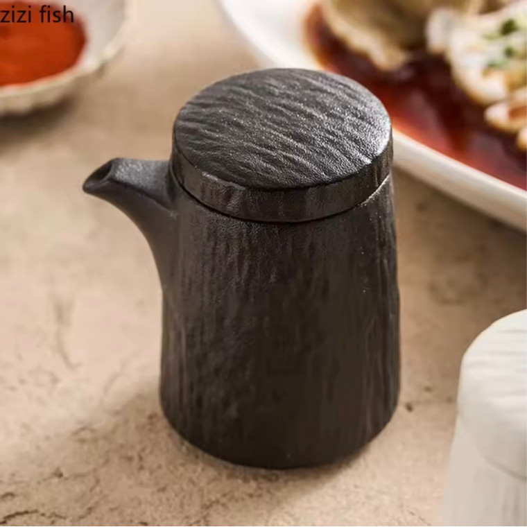Soy Sauce Vinegar Milk Jug Seasoning Bottle Ceramic Stone Patterned Seasoning Jar Frosted Oil Pot Soy Sauce Pot Kitchen Gravy Boat Seasoning Pots Creative Seasoning Jugs Tool in black