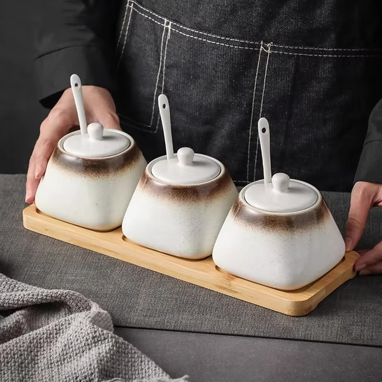 Vintage Ceramic Seasoning Jar with Lid Spoon Set Creative Salt Sugar Pepper Powder Jar Pig Oil Tank Kitchen Creative Seasoning Tools In multi white with brown accent color