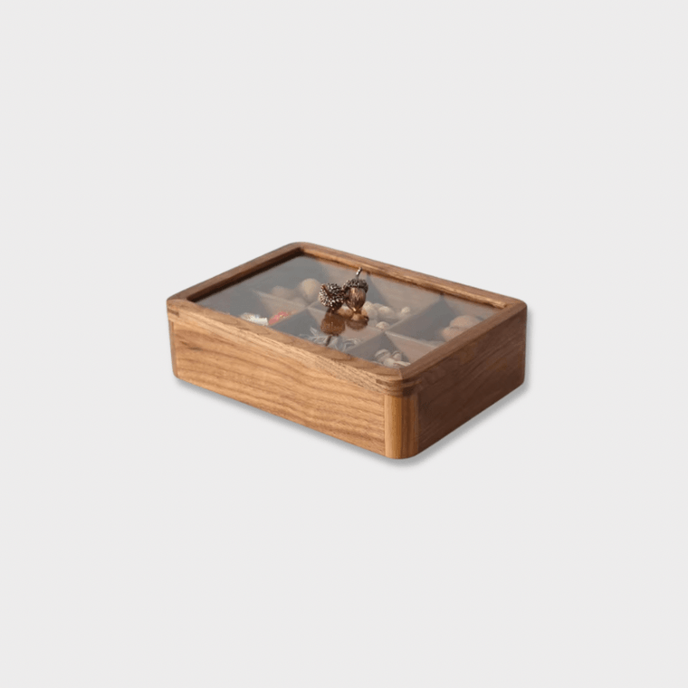 North American Black Walnut Fruit Living Room Coffee Table Home High-end Exquisite Lattice Solid Wood Fruits Bowl Box Decoration Cuisine Simple Dining Tableware Breakfast dessert Dinnerware Boxes Bowls in brown solid design with transparent clear glass framed lid