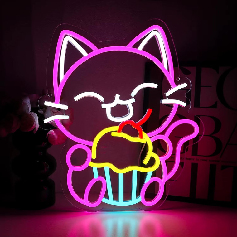 Cupcake Kitty Cat Neon Sign for Bakery Dessert Shop Food Store Cafe Dimmable Neon Lights for Japanese Street Food Shop Restaurant Office Home Decor Aesthetics Draw Celebratory Gifts Lighting in multi color