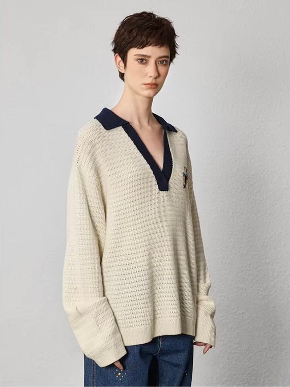 Women’s woman womens The Grad long sleeves V-Neck Knitwear Loose Fit Casual fashion Polyester Wool Blend Warm Color Sweaters in cream with black multi