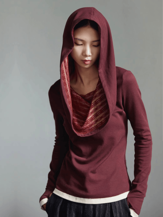 Women’s woman womens petite-, tall-, plus-, size 943paradise The Bedouin Hooded Lace Knitted Base Wasteland Long sleeves Commute fashion Regular Length Cotton Blend Hoodie T-Shirts Tops in burgundy wine-red