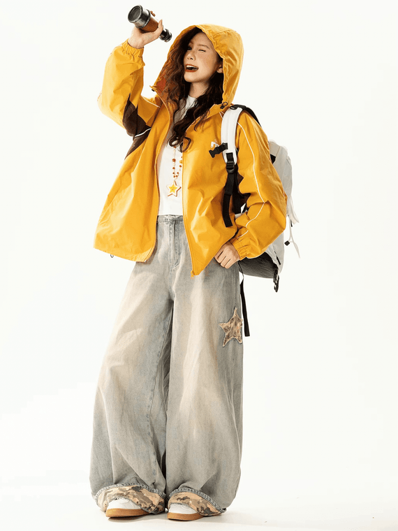 Women’s woman womens petite-, tall-, size Retro American Design Loose Hoodie Jacket Street style Casual Match All Spring Season Couple's Zipper hooded outwear Coats Outerwear in yellow