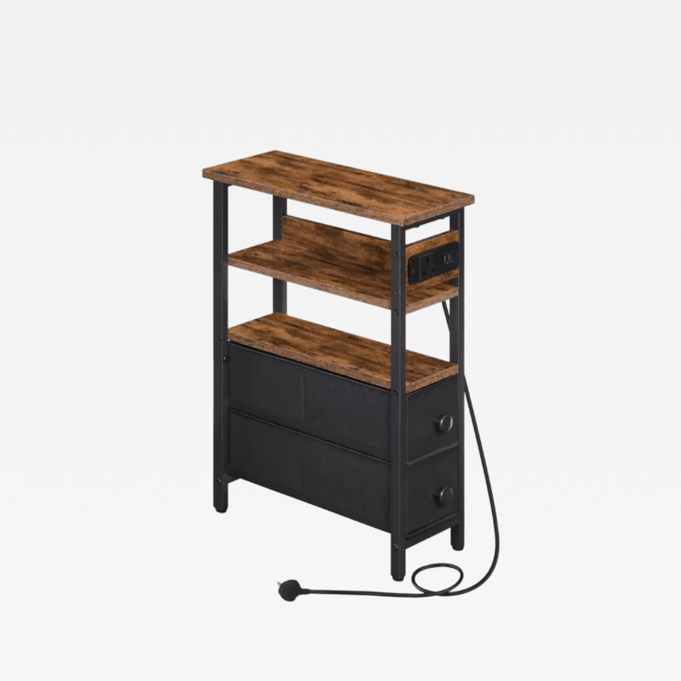 Office Home bedroom, study-, living-, room Side Table with 2 Non-Woven Drawers USB Ports and Power Outlet USB Charging Station Slim Console Tables Furniture in natural dark brown and black