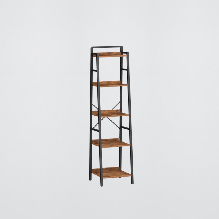 Home Office Ladder Shelf Tall Narrow Bookcase 5-Tier Book Shelf with Metal Frame Tall Storage Shelf Industrial Storage Unit Bookcases shelving furniture in natural dark brown with black