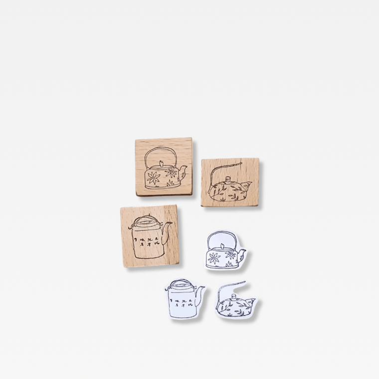 Office Home Tourism souvenir Japanese wooden Stamp Scrapbooking Ukiyo Japan Travelogue Vintage Scrapbook Journaling Diary Decoration Wood Notebooks Stamps seals Japan souvenirs 3-Piece set tea-pot ceremony  in natural light wood