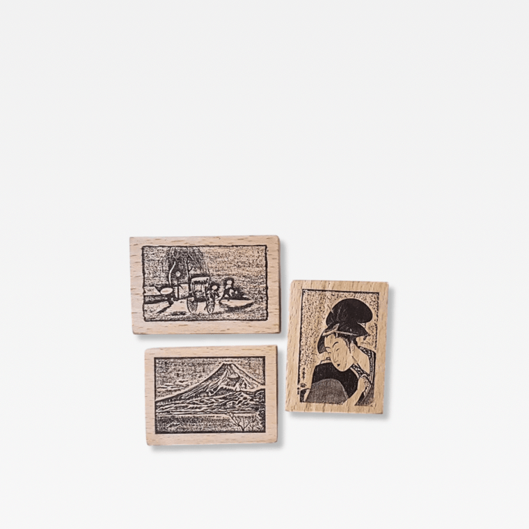 Office Home Tourism souvenir Japanese wooden Stamp Scrapbooking Ukiyo Japan Travelogue Vintage Scrapbook Journaling Diary Decoration Wood Notebooks Stamps seals Japan souvenirs 3-Piece set Mt. Mount Fuji Geisha Girl Snow night rickshaw street scene in natural light wood