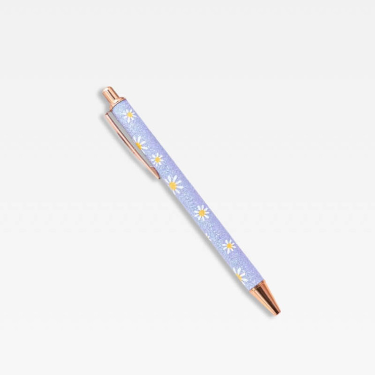 Office Home School kawaii cute writing Ballpoint Pen metal Stationery supply Pens in lilac color with white and light yellow daisies floral daisy flowers