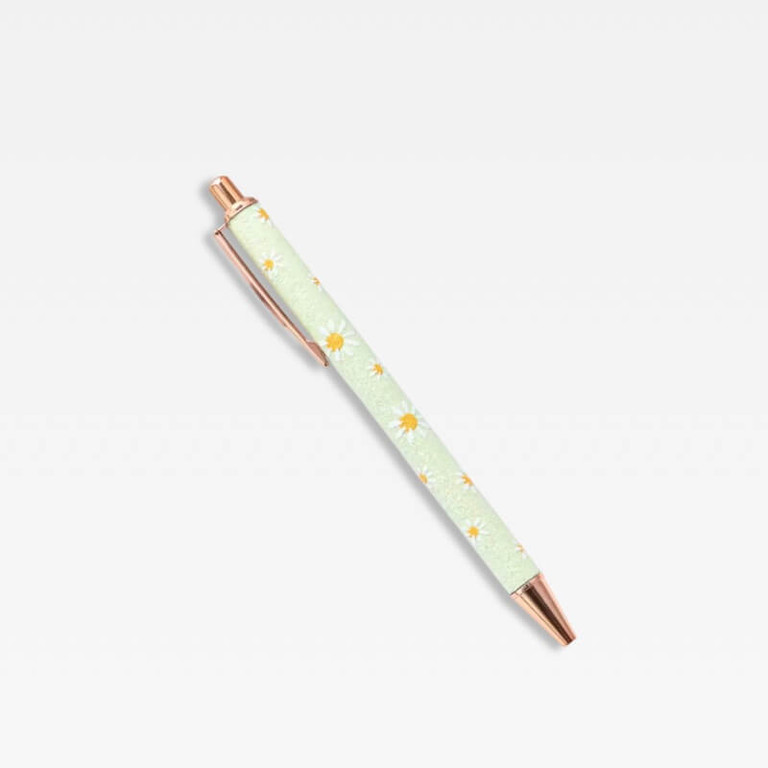 Office Home School kawaii cute writing Ballpoint Pen metal Stationery supply Pens in light green color with white and light yellow daisies floral daisy flowers