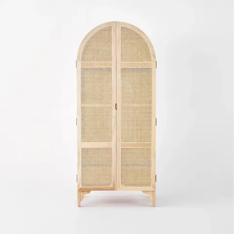 Office home Woven Rattan Bedroom Hidden 2 Doors and drawers Wooden Wardrobe Closet in light beige brown Wardrobes furniture