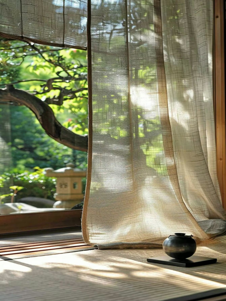 Office home vacation beach property patio gazebo boho bohemian high quality Korean style ready made Linen voile sheer fabric curtain window panel drape curtains in khaki light brown with Grommet, Velcro, Rod pocket, Hooks tape hanging types
