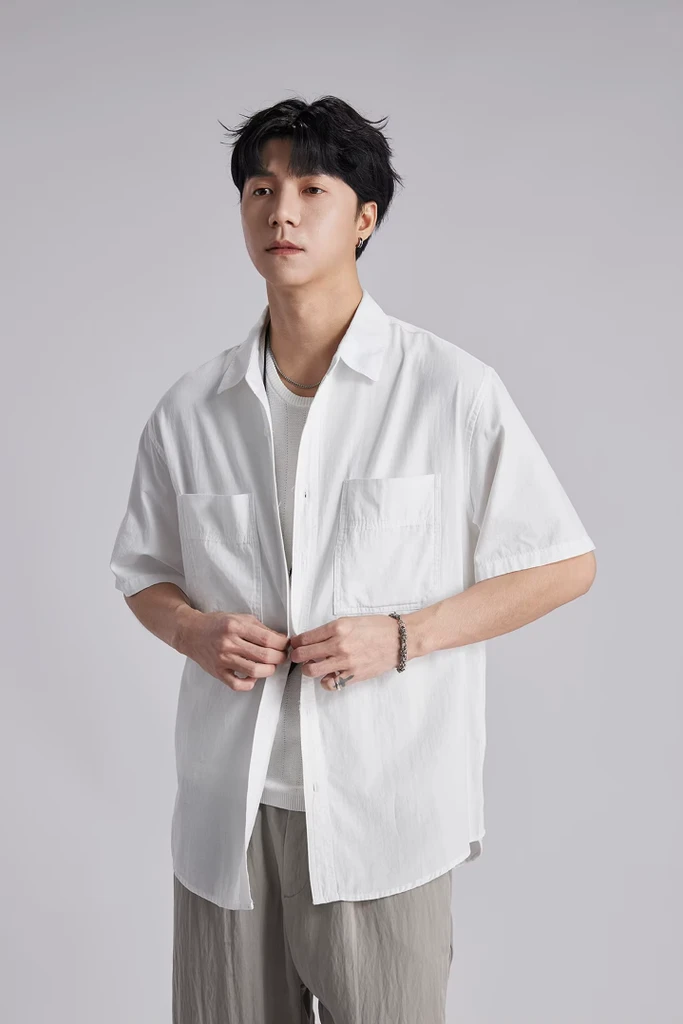 Men’s man mens petite-, tall-, plus-, size 100% Cotton Double Pocket Short Sleeve Shirt Japanese Style Loose Breathable Solid Color Casual Tops in white