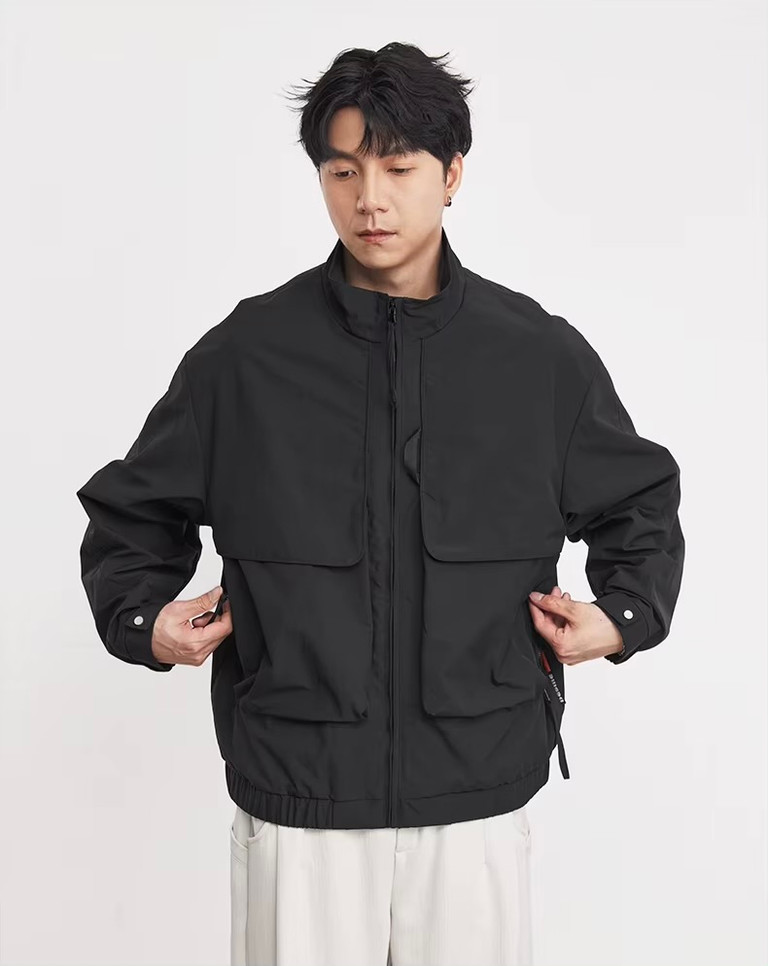 Men’s man mens petite-, tall-, plus-, size American Trendy Brand Double Pocket Stand Collar Cargo Jacket Spring Summer Autumn Fall Sports Windbreaker Outerwear Sportswear outdoor camping Outwear in black