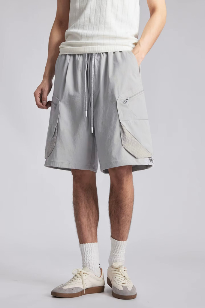 Men’s man mens petite-, tall-, plus-, size Quick Dry Breathable Outdoor Summer Loose Multi Pocket Retro Casual Commute wfh office workwear Five Points elasticated waist with drawcord drawstring mid-rise Cargo Shorts short pant in light Gray grey