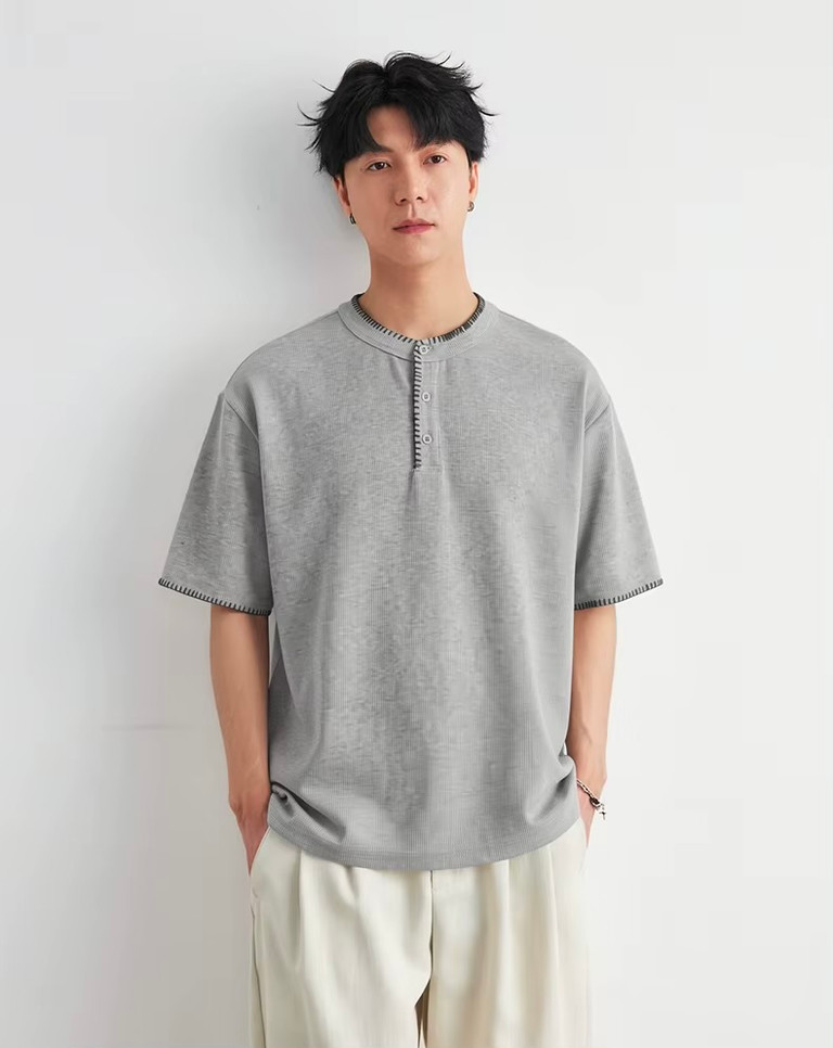 Men’s man mens petite-, tall-, plus-, size Stitch Detail Henley crew Neck crewneck Waffle T-Shirt Summer Loose Drop Shoulder Casual Commute Versatile Short Sleeve Top Cotton-blend Commute Fashion T-Shirts Tops in light Gray grey with black striped accent