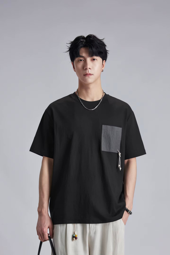 Men’s man mens petite-, tall-, plus-, size Color Block Wave hole hook latch chest Pocket Tee Textured Fabric Loose Drop Shoulder Breathable Casual Short half Sleeves crewneck round O-neck T-Shirt Tops T-Shirts in black