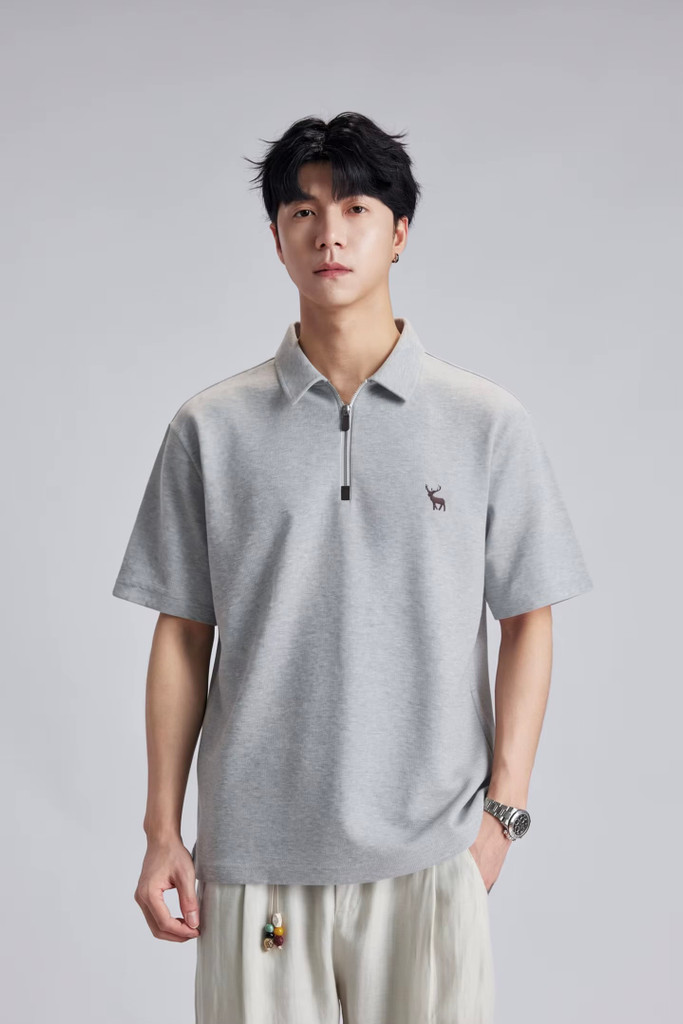 Men’s man mens petite-, tall-, plus-, size Minimalist Stag Deer Logo Embroidered Polo Shirt Summer Loose Half Zip Casual Commuter Short half Sleeve Daily Commute wfh workwear Polo Shirt Tee Top T-Shirts in Gray grey with brown accent color