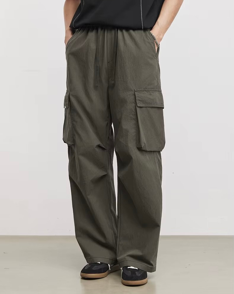 Men’s man mens petite-, tall-, plus-, size Straight Loose American Youth Casual Straight Fashion Sports Thin Style S-3XL Mid-rise Wide-leg Pants Breathable Thin Trousers in army green