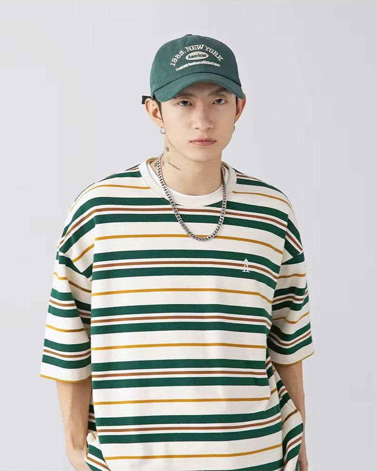 Men’s man mens petite-, tall-, plus-, size Japanese-style clothing. Trendy retro color-blocked striped loose-fitting versatile short half sleeves with drop shoulder embroidered graphic logo crewneck, Summer Crew Neck Loose Street Fashion Breathable embroidery round O-neck Casual Pullover T-Shirt Tops T-Shirts in green with multi accent color