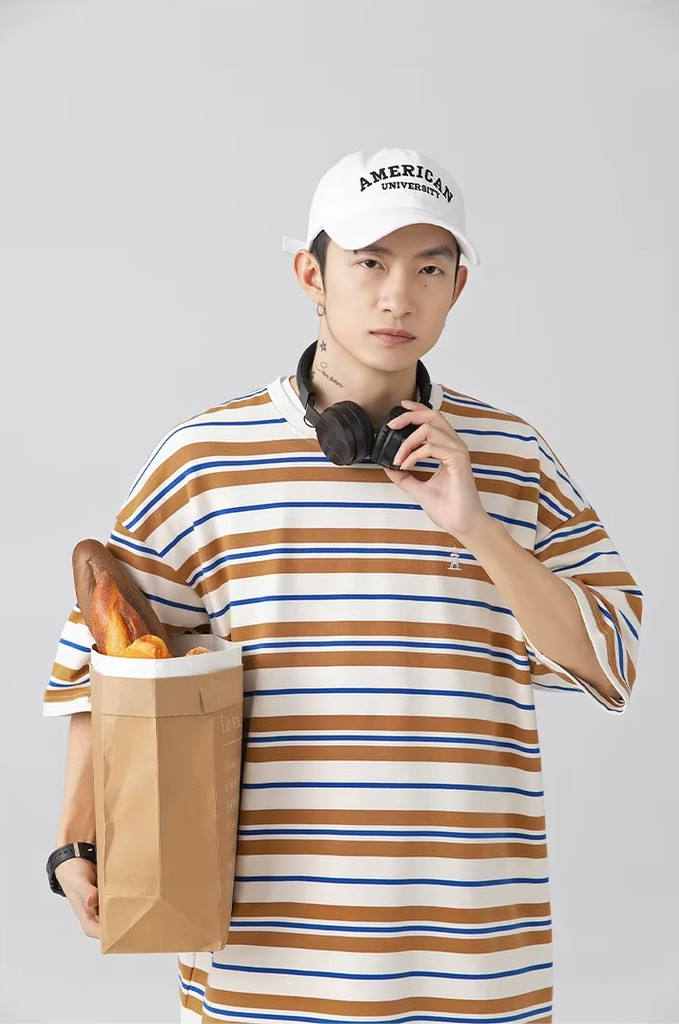 Men’s man mens petite-, tall-, plus-, size Japanese-style clothing. Trendy retro color-blocked striped loose-fitting versatile short half sleeves with drop shoulder embroidered graphic logo crewneck, Summer Crew Neck Loose Street Fashion Breathable embroidery round O-neck Casual Pullover T-Shirt Tops T-Shirts in orange yellow with multi accent color