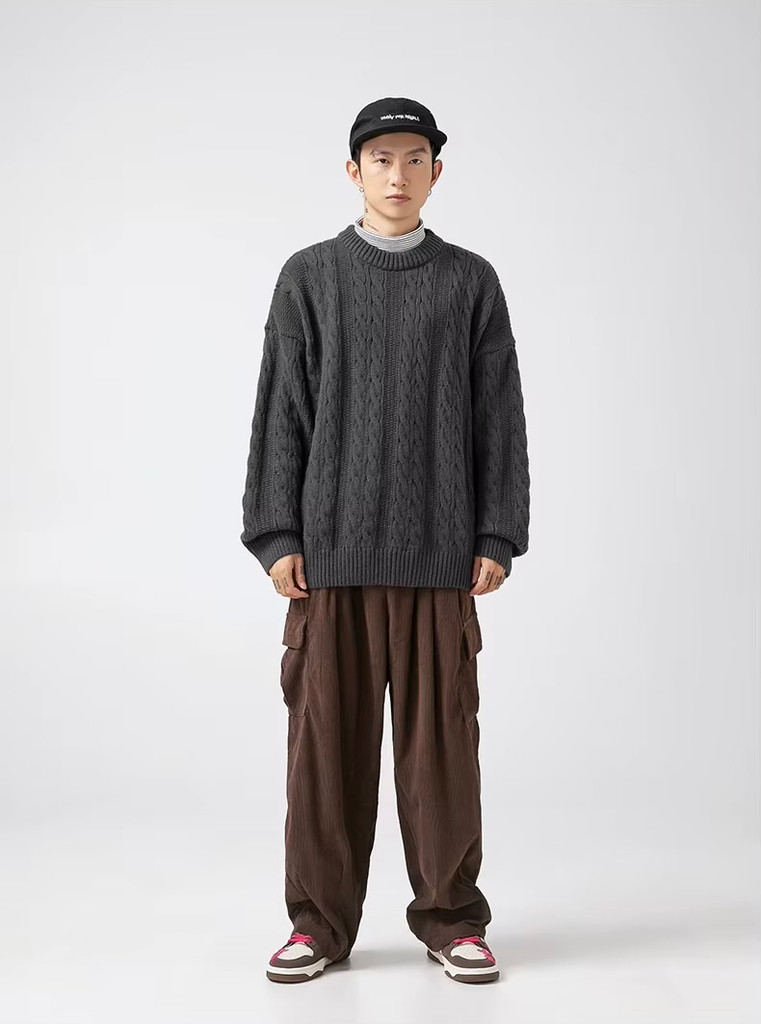 Women’s woman womens Men’s man mens Unisex Genflex Gender Neutral Genderfluid petite-, tall-, plus-, size vintage classic washed cable knit crewneck long sleeves with drop shoulder spring summer style, classic loose-fit casual round O-neck crew neck sweater Tops Sweaters in dark Gray grey