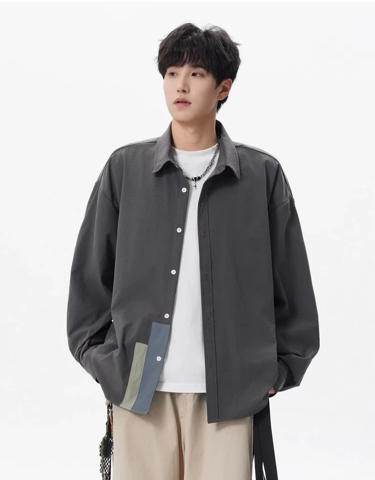 Men’s man mens petite-, tall-, plus-, size Trending Light Travel Streetwear Trendy Spring Summer Fall Autumn Turn-down collar patchwork long sleeves Easy Street Shirt Tops Shirts in dark Gray grey