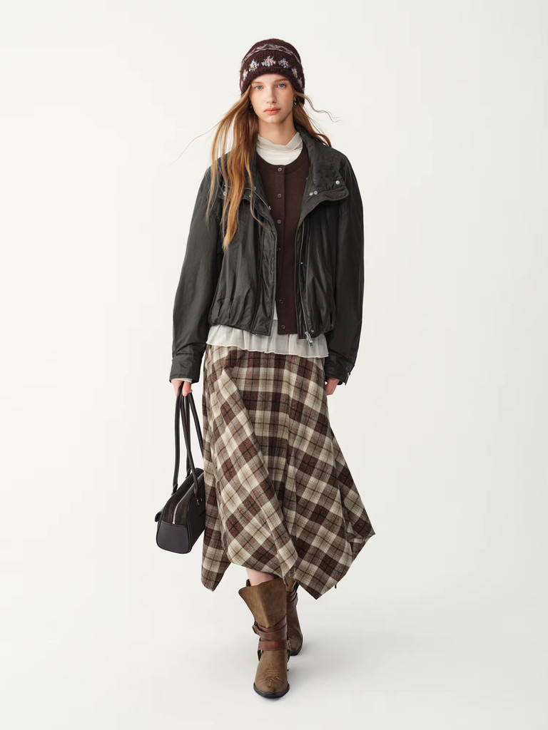 Women’s woman womens petite-, tall-, plus-, size Casual Fall Autumn Winter loose classic Vintage style Female pleated high rise waist empire waistline irregular hem checkered pleats midi skirt Fashion skirts in brown with khaki accent colors