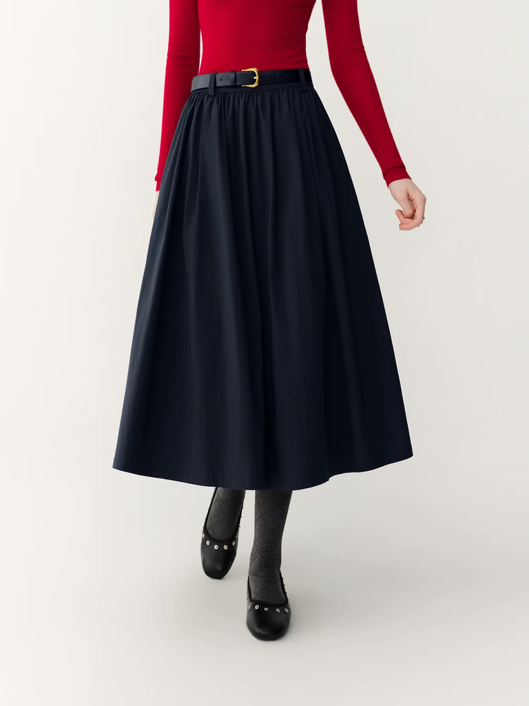 Women’s woman womens petite-, tall-, plus-, size Casual Summer holiday vacation getaway wfh office commute workwear indie style Fall Autumn Winter loose classic Vintage style Female pleated high rise waist empire waistline trim hem pleats maxi skirt Fashion skirts in dark navy blue