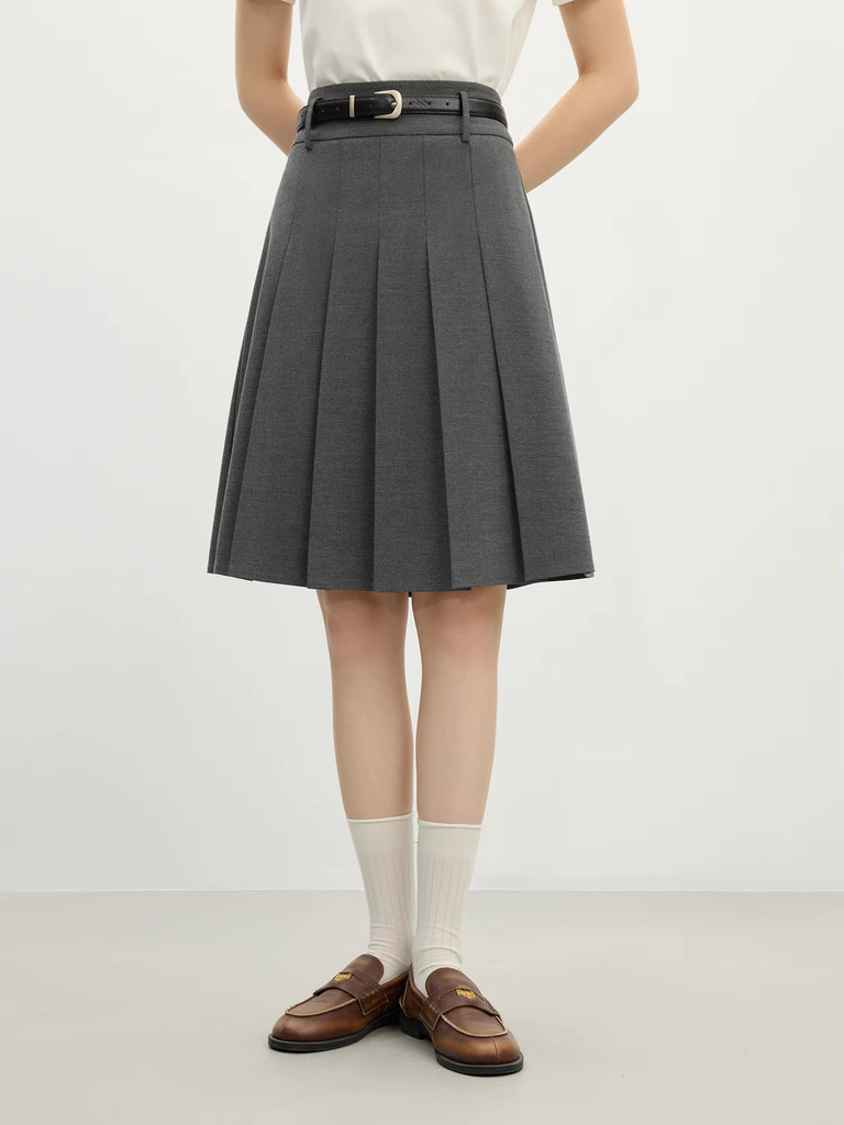 Women’s woman womens petite-, tall-, plus-, size Casual Summer holiday vacation getaway evening party wear indie style loose classic Vintage vintage style Female high rise waist zip-up close empire waistline pleated trim hem midi skirt Fashion skirts in Gray grey