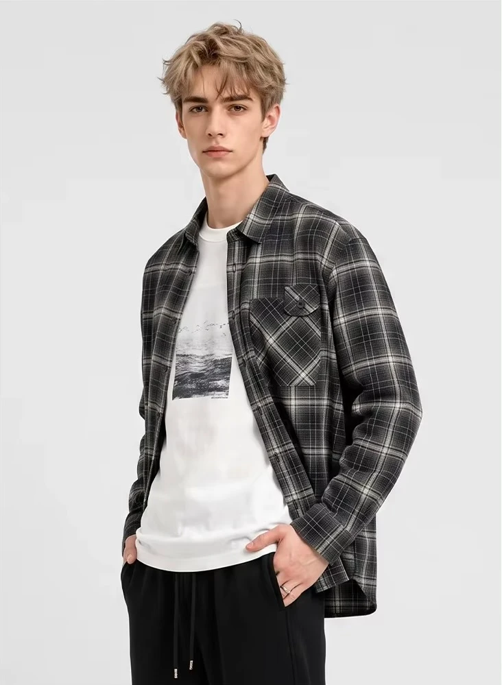 Men’s man mens petite-, tall-, plus-, size Casual Fall Autumn Winter loose classic Vintage style Long Sleeves v-neck turn-down collar button close flap patch pockets checkered plaid Utility Shirt Fashion shirts in black checks