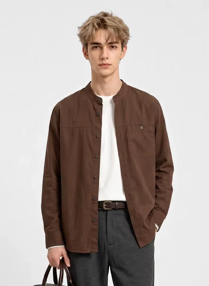Men’s man mens petite-, tall-, plus-, size Fall Autumn Winter loose classic Vintage style Long Sleeves v-neck mandarin stand collar button close patch pocket Casual Shirt Fashion shirts in coffee brown