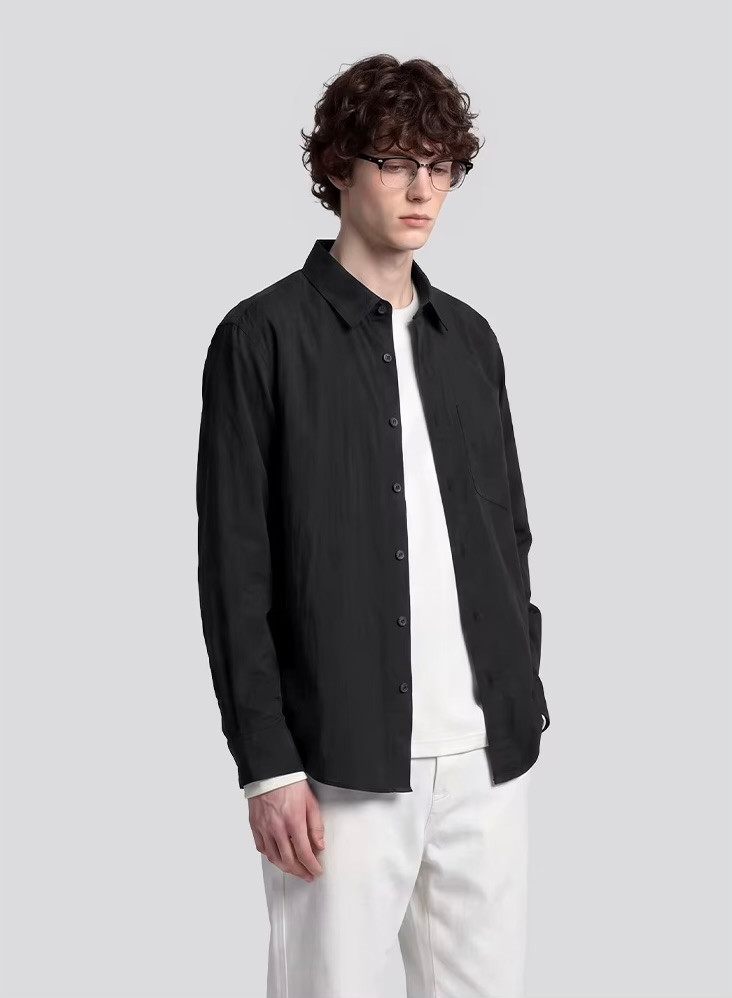 Men’s man mens petite-, tall-, plus-, size Fall Autumn Winter loose classic Vintage style Long Sleeves v-neck turn-down collar button close patch pocket Casual Shirt Fashion shirts in black