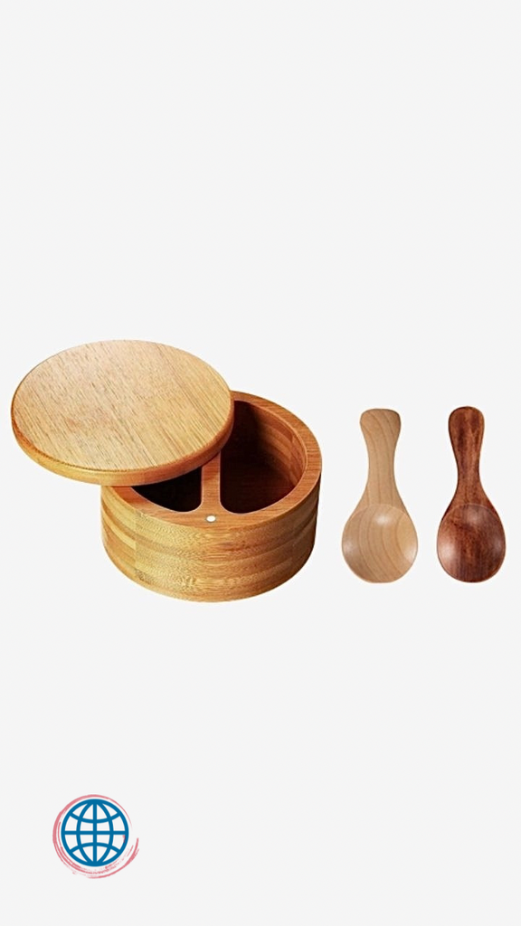 Bamboo Salt And Pepper Cellar with 2 Storage Compartments Swivel Lid And Magnet To Keep Dry With 2 Spoons Trending Salt Pigs, Cellars & Servers