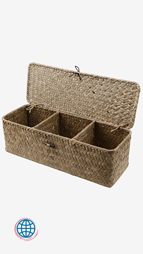 3-Box Seagrass Rattan Storage Hamper 3 Grid Brown Straw Box Desktop Organization Storage Basket with Cover Vintage Jewelry Case Decor handmade vintage storage baskets Trend in Natural Color White Yellow