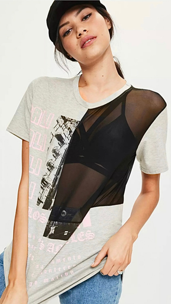 Black Mesh Patchwork T-Shirt Womens European style t shirts for women transparent mesh grey patchwork sexy tee Female casual Gray woman Tees Tops T-Shirts Trending