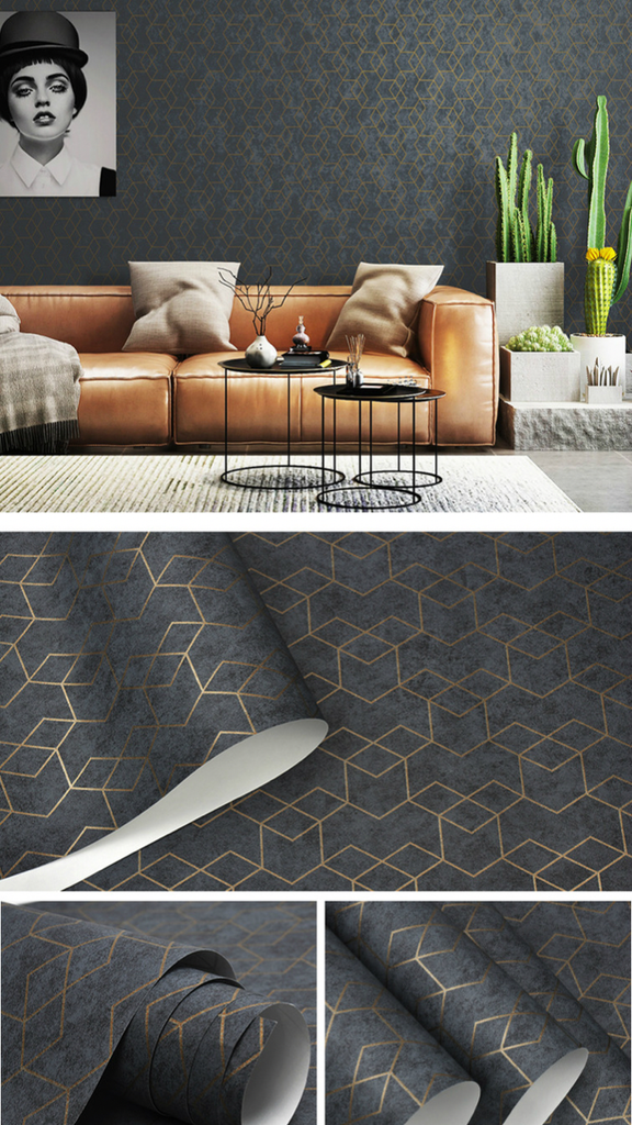 Luxury Geometric Wallpaper Dark Gray / Grey Luxury Geometric Wallpapers Roll Black Gray Gold Wall Paper Modern Design Bedroom Living Room Background Home Wall Decor Trending