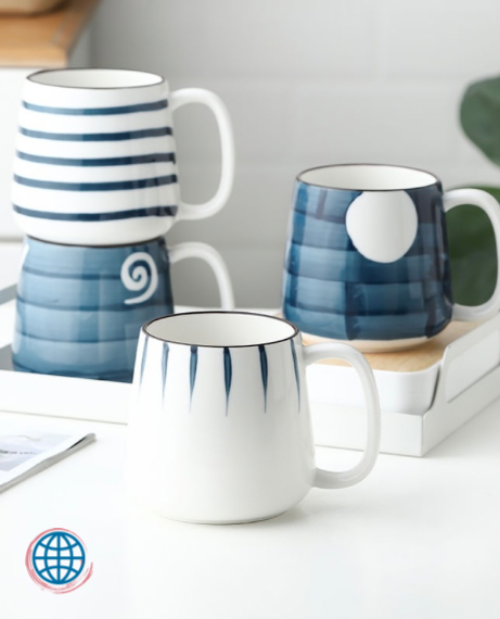 Japanese Handpainted Ceramic Cup 500ML Large Capacity Hand Paint Ceramic Mug Simple Tea Coffee Milk Japan Cups Mugs Trending in Dot Stripe Scored Slip Fish Swirl Patterns
