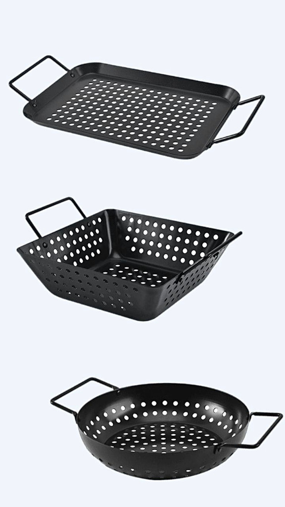 Stainless Steel Perforated Grill Basket Non stick black baking tray with handle leaking hole Barbecue Grilling Pan Square Circular Trending BBQ Baskets