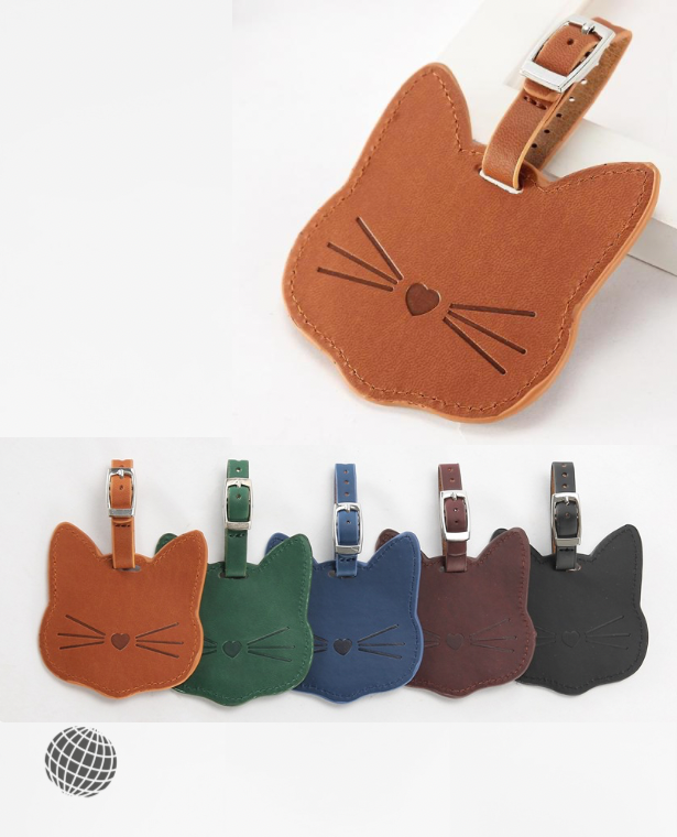 Vegan Leather Luggage Tag Japanese PU Anime Kawaii Suitcase Bag Tags Name Address ID Label Women Cute Cat Head Japan Business Vacation Getaway Holiday Travel Accessories in Black Blue Green Khaki Brown Auburn