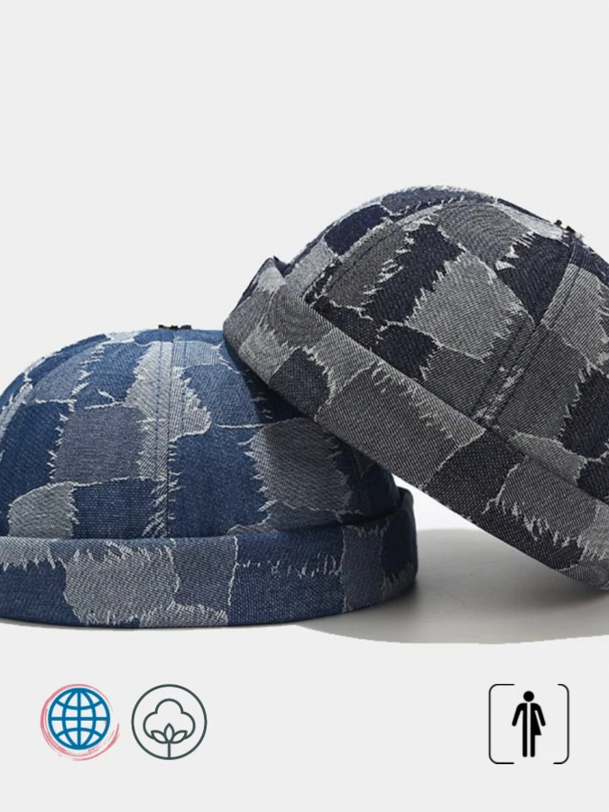 Denim Wash Skullcap Women's Mens Washed Retro Skullcaps Hat Cap Casual Docker Sailor Mechanic Brimless Vintage Trending Gorro Caps Unisex for Man Woman in Black Blue
