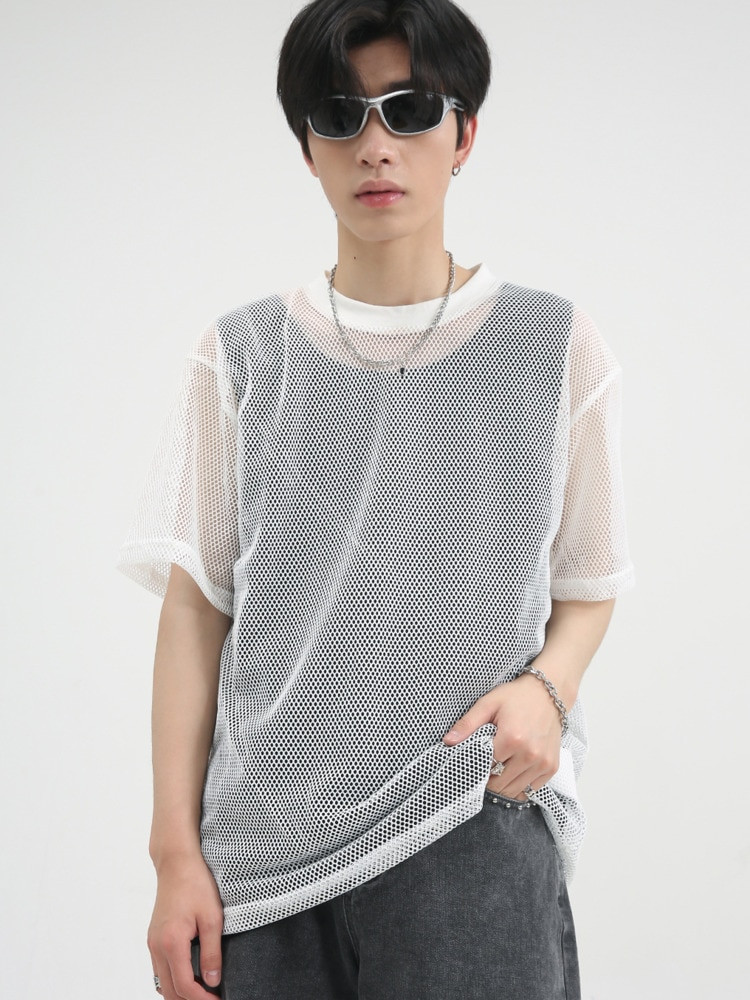 Hollow Out Crewneck T-Shirt Men’s Japanese Top Short Sleeve O-neck Loose All-match Harajuku Streetwear T-Shirts Fashion Clothing Japan Tops for Man Trend in White
