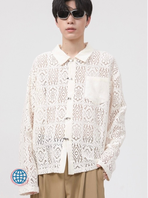 Turn Down Collar Shirt Men’s Long Sleeve Apricot Hollow Out Shoulder Pads Loose Fit Trending Fashion Shirts Tops Clothing for Man