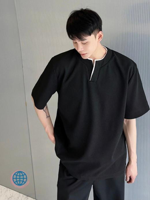 Breathable Loose T-Shirt Men’s Short Sleeve Mandarin O-Neck V-Neck Collar Casual Tee Loose All-match Streetwear T-Shirts Tops For Man Fashion Clothing Trending in Black