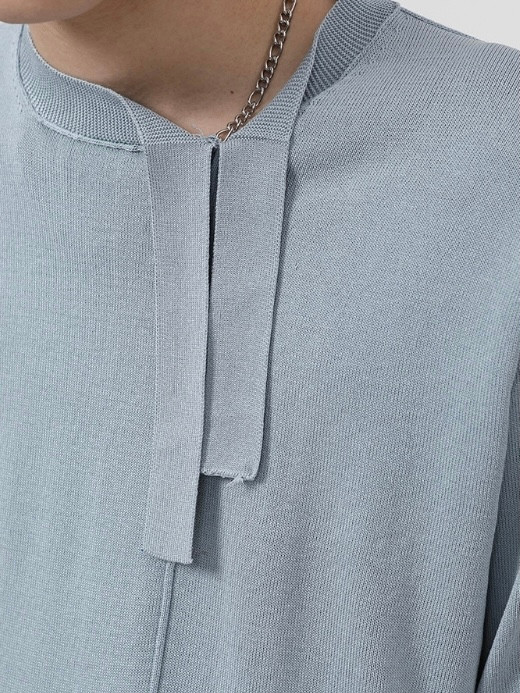 Loose Short Sleeve Knit T-Shirt Men’s Knitting Top Mandarin Crewneck O-Neck Belt Strap Collar Solid Color T-shirts Tops For Man Streetwear Fashion Clothing Trending in Blue