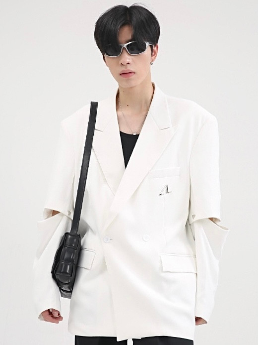 Removable Long Sleeve Blazer Men’s Suit Coat Single-Breasted Loose Shoulder Pads Trending Blazers For Man in White