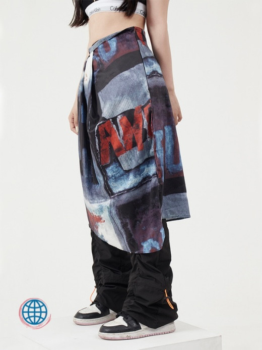 Irregular Midi Skirt  Women’s Japanese Fashion Chic Designer Clothes Black Blue Multicolor Tie Dye Graffiti Printed Vintage Hip Hop Mid-Calf Punk Trending Japan Skirts Streetwear for Woman